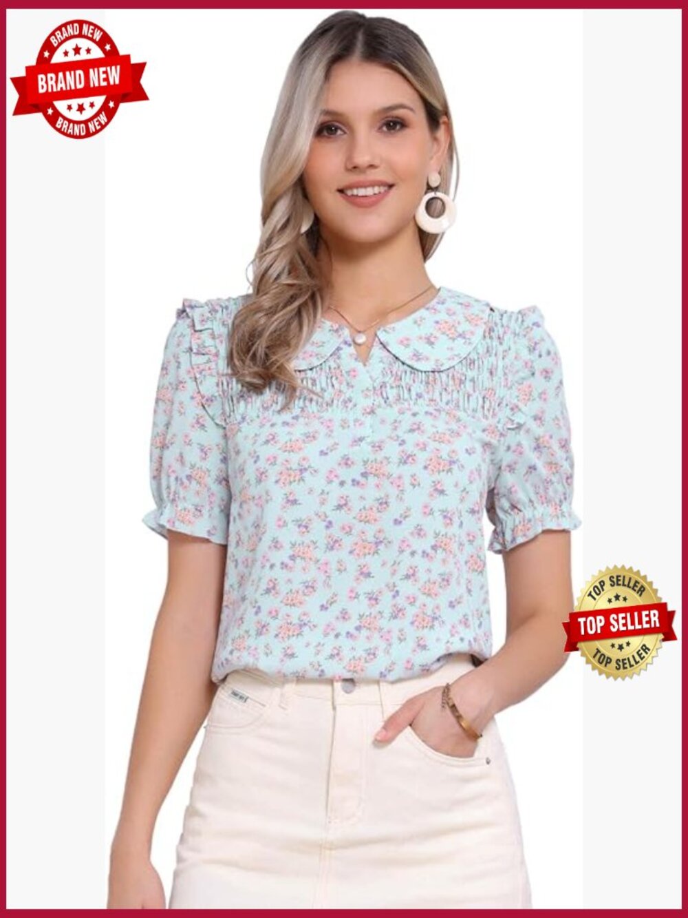 Peter Pan Collar Puff Short Sleeve Ruffle Smocked Floral Blouse
